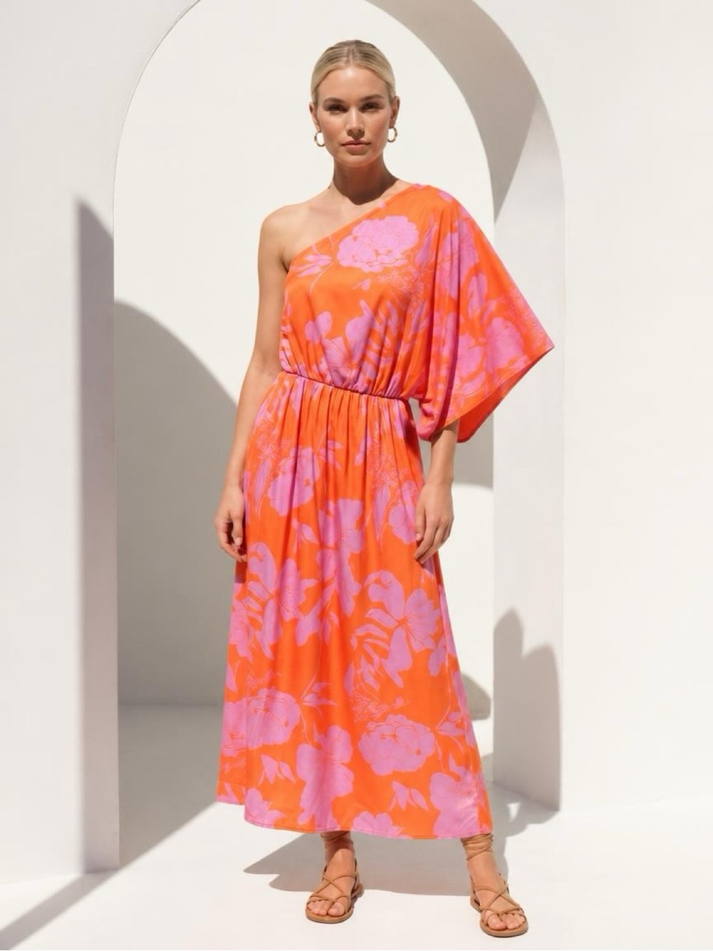 SHEIN Orange One-Shoulder Maxi Dress with Pink Floral Print - Picture 3 of 6